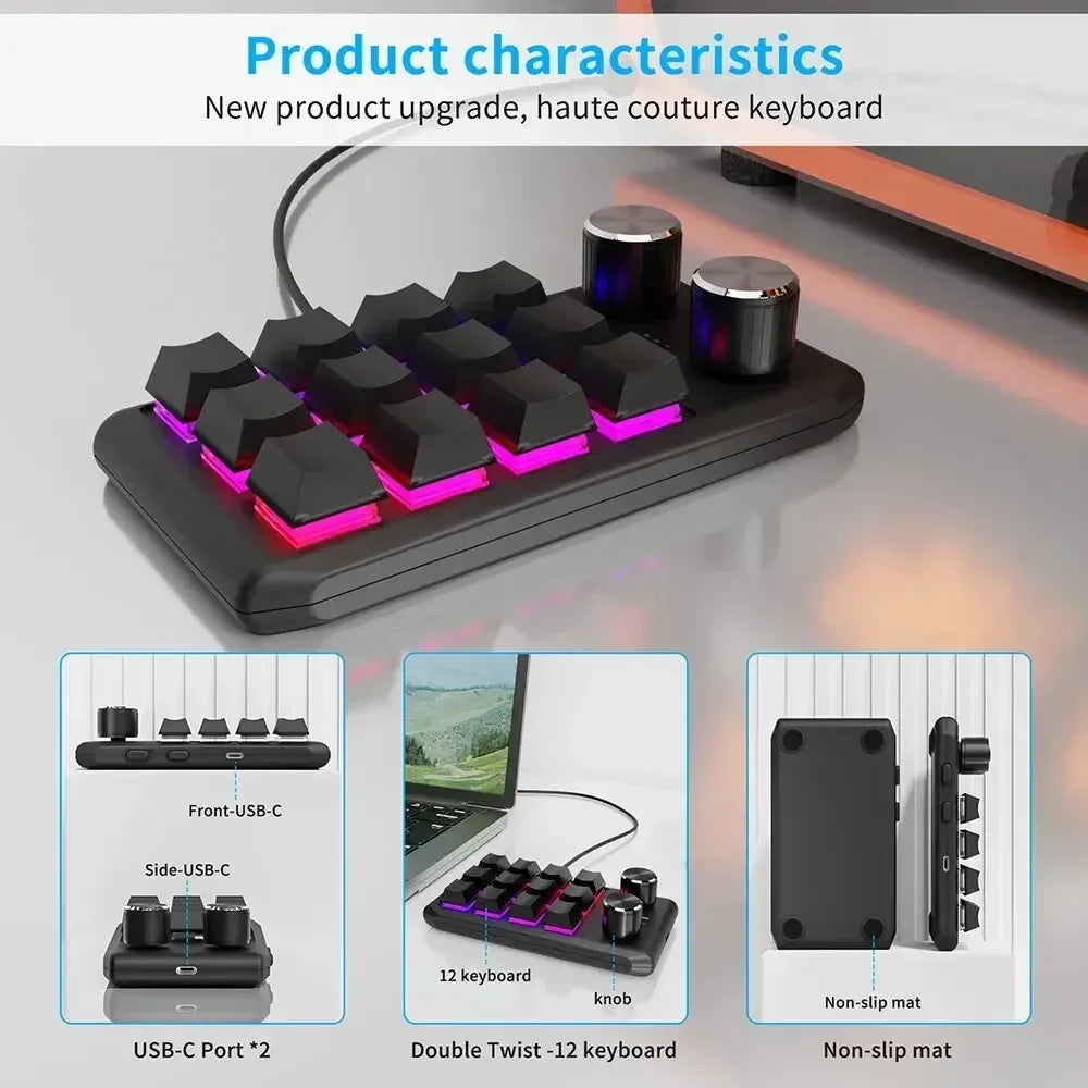12 Key 2 Knob Mini Macro Custom Keyboard Bluetooth/3 Modes Programming Mechanical Keyboard Gaming Drawing Switch Hot-swap Keypad