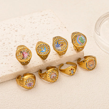 Stainless steel fashionable and popular Valentine's Day lion mermaid love painted ring with gold plating and color preservation