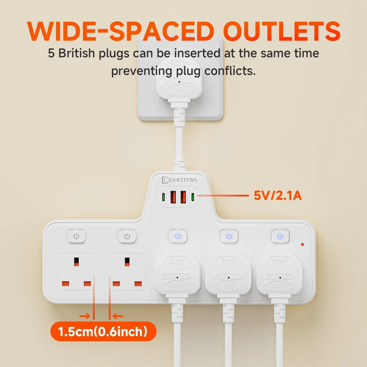 2500W UK Plug Power Strip Wall Mounted Independent Switches, Multitap Network Filter USB-C Ports 2.1A Fast Charging Adapter