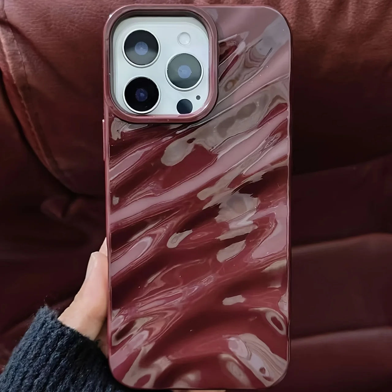 for iPhone 16 15 14 Plus 13 12 11promax three-dimensional pleated wave wine burgundy high-end fashion Back Soft Cover