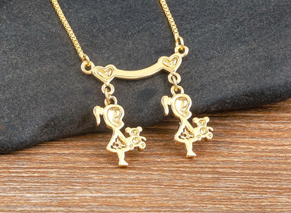Nidin Exquisite Gold Plated Mom Daughter Necklace Girl Boy Pendant Chain Choker Cubic Zirconia Jewelry Mother's Day Gift