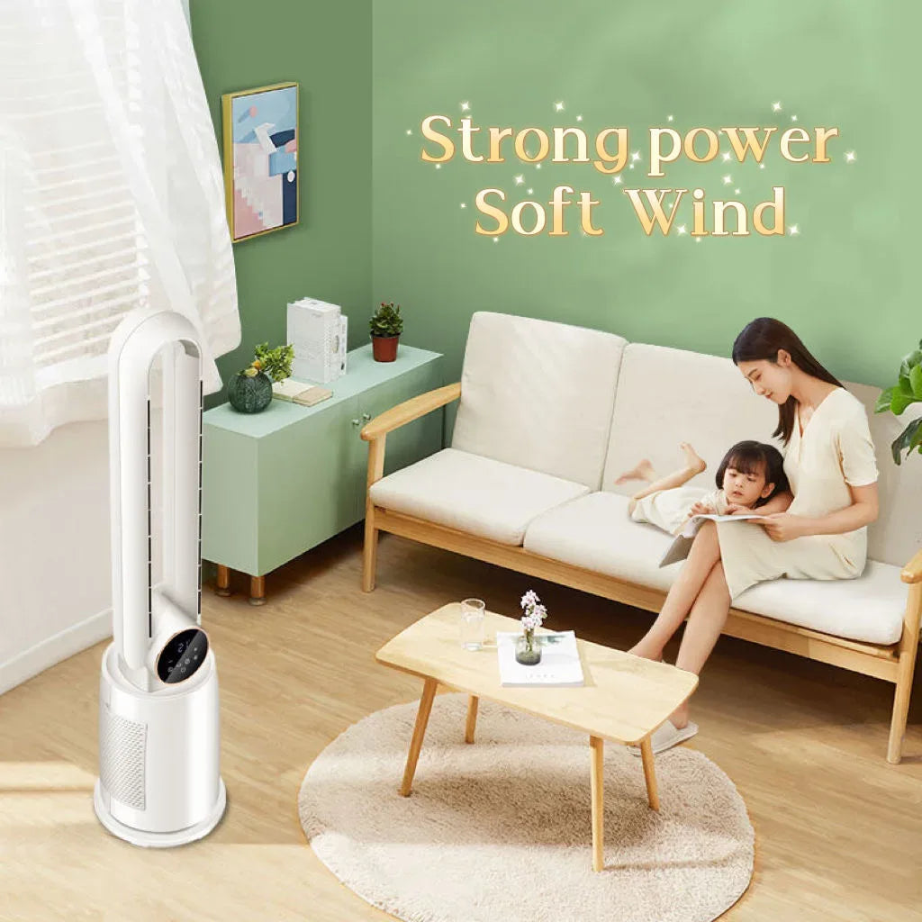 Smart Home Air Cooling Fan with Tower-Installable Bladeless Design Includes Air Purifier for Household Use
