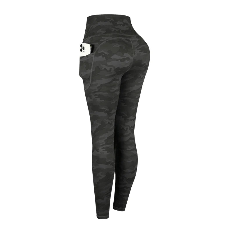 Women Camouflage Printing Leggings with Pockets High Waist Elastic Fitness Tights Outdoors Running Pants