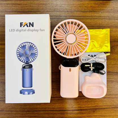 2026 New Handheld Mini Fan Foldable Neck Hanging Fans 5 Speed USB Rechargeable Fan with Phone Stand and Display Screen 1800mAh