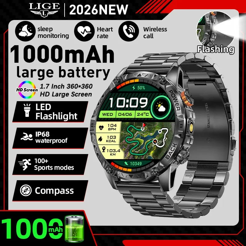 LIGE New Military For T-Rex 3 Ultra Smart Watch 1000mAh Battery IP68 Waterproof Compass Flashlight Sports Tracker Smartwatch Men