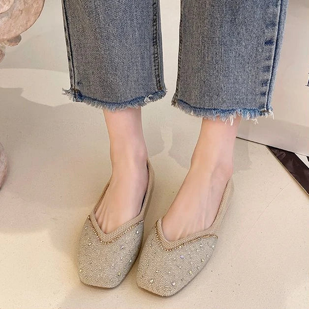 Shoes for Woman 2025 Diamond Flats Women's Summer Footwear Flat Square Toe Pink with Crystals Rhinestone Office 39 Beau Today E