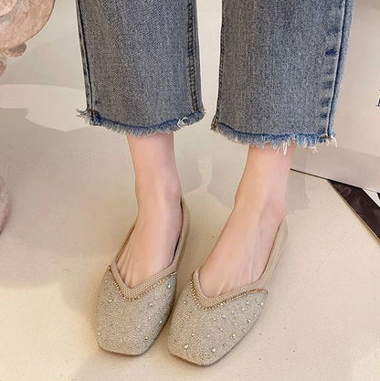 Shoes for Woman 2025 Diamond Flats Women's Summer Footwear Flat Square Toe Pink with Crystals Rhinestone Office 39 Beau Today E