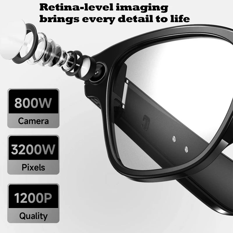 Lunettes intelligentes avec caméra HD 8Mpx, vidéo HD 1200p anti-tremblement, assistant vocal intelligent IA, traduction en temps réel et reconnaissance d'objets.