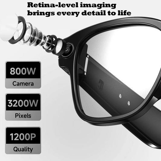 Lunettes intelligentes avec caméra HD 8Mpx, vidéo HD 1200p anti-tremblement, assistant vocal intelligent IA, traduction en temps réel et reconnaissance d'objets.