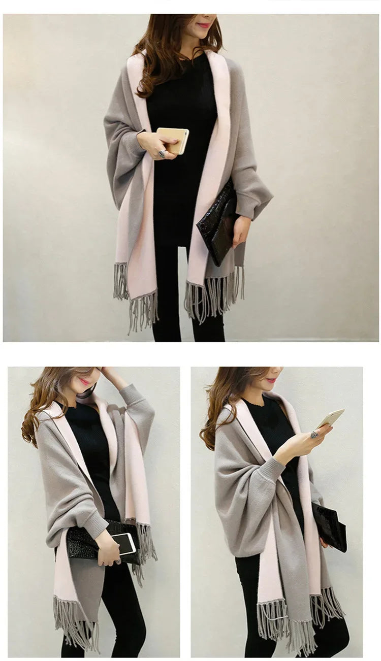 Autumn Winter Tassel Long Sweater Cardigans Casual Korean Long Sleeve Cloak Patchwork Knitwear Coats Outwaer LMFS-LM-8015