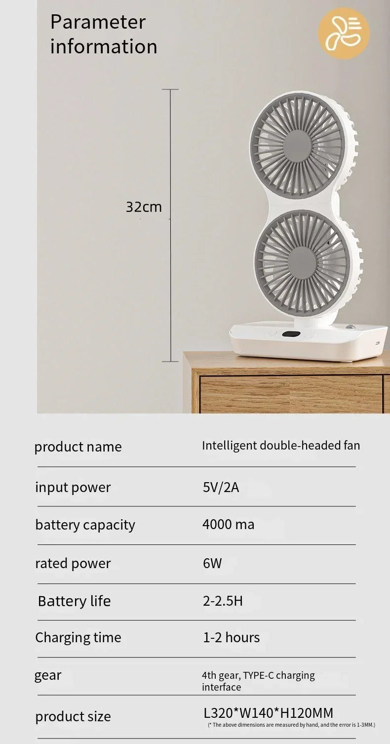 2024 New Multi-Function Double-Head Shaking Fan 4-Gears Adjustable High-Definition Digital Display Night Lights Portable Fan