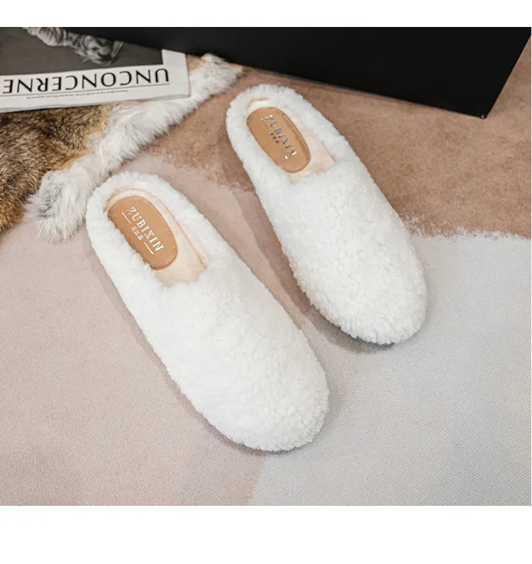 Big Size 43 Women Lambswool Slippers Winter Sheep Fur Shoes Ladies Flat Cotton Slides Home Pantuflas Daily Slip On Furry Mules