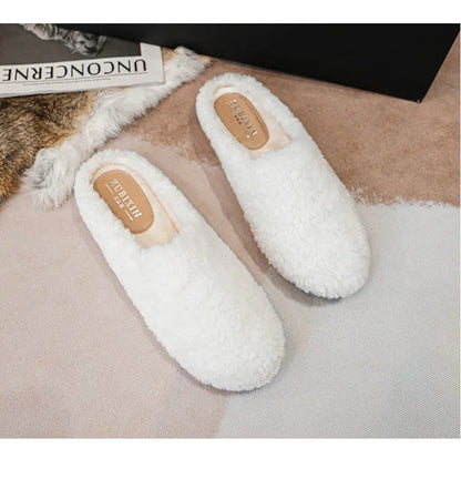 Big Size 43 Women Lambswool Slippers Winter Sheep Fur Shoes Ladies Flat Cotton Slides Home Pantuflas Daily Slip On Furry Mules