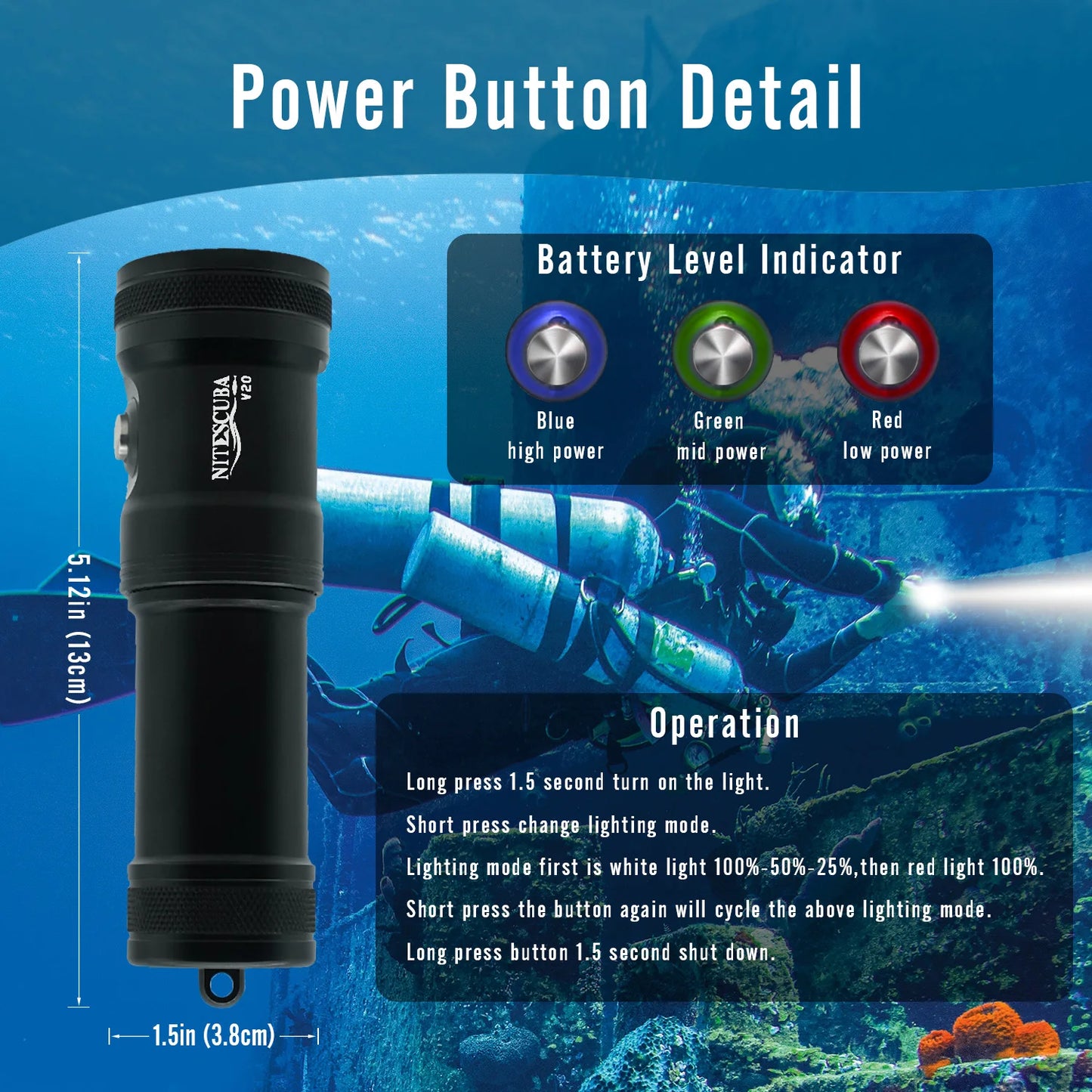 Nitescuba V20 Diving Led Video Light Glare 2000 Lumen Astigmatism Lamp Focus With Red Light Tg6 Gopro Underwater Photography