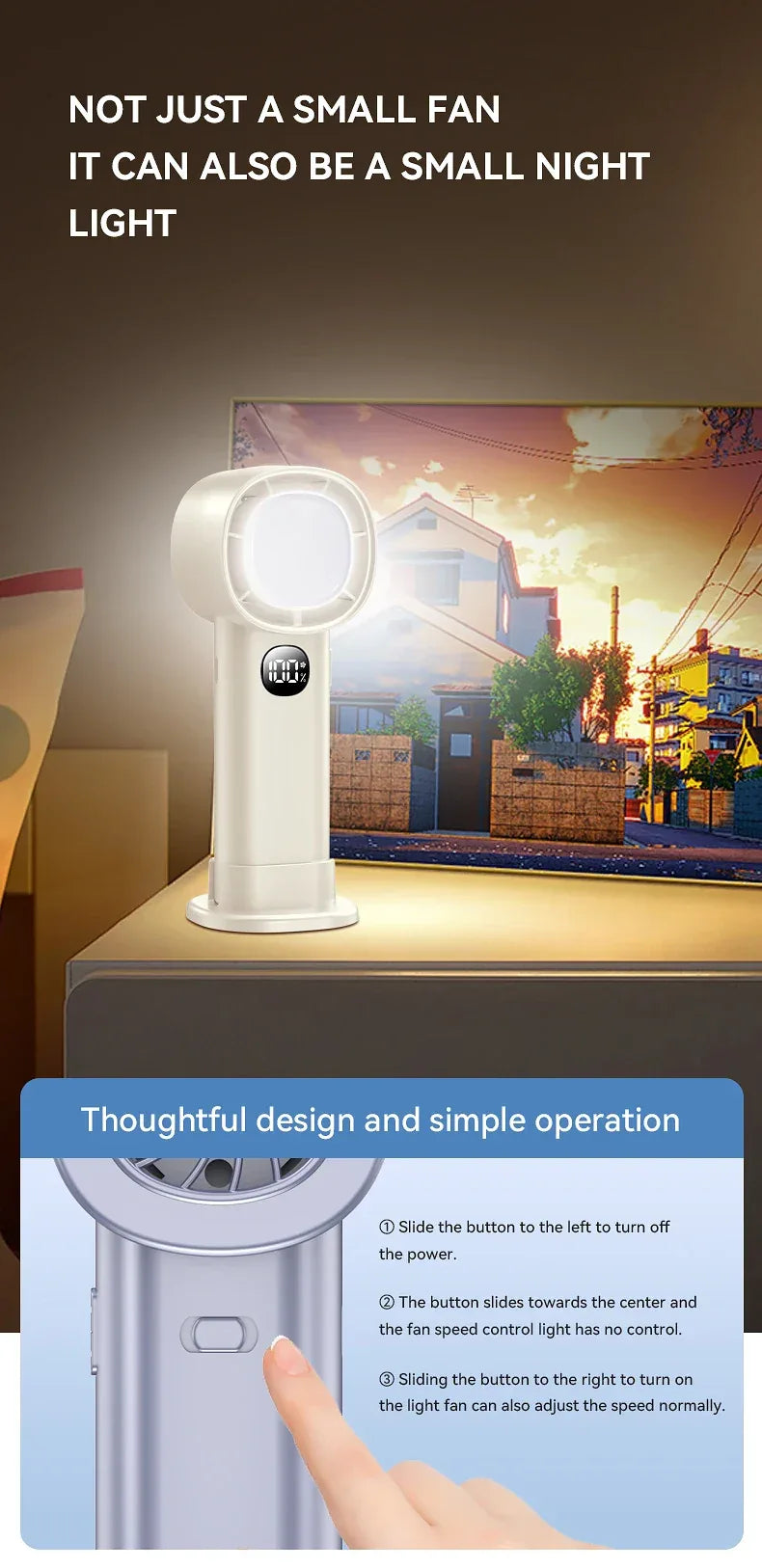 Night Light Cooling Fan 5000mAh Handheld Cooling Fan Portable Handheld Turbo Fan 100 Wind Speeds Adjustable Mini Personal Fan