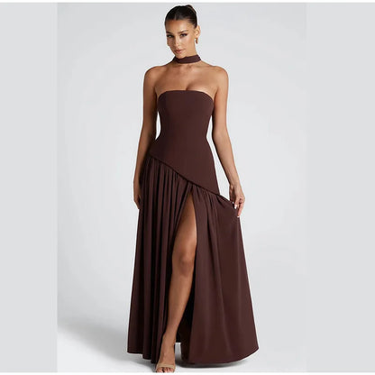 Butter Yellow Mesh Splicing Long Dress Elegant Strapless Split Backless Pleated Gowns For Women 2026 Lady Evening Party Gowns
