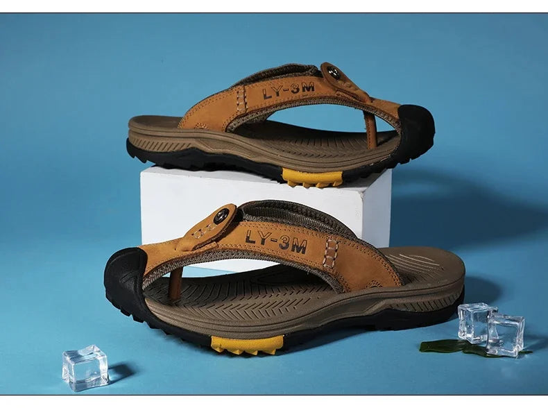 Genuine Cow Leather Shoes Men Sandals Mens Flip Flops Men's Casual Shoes Classic Massage Beach Slippers Anti-slip Summer 2025