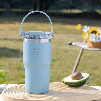 JUSTINLAU 600/900ml Insulated Cups Stainless Steel Double-drinking Thermos Cup with Handle& Straw Sports Bottle Car Ice Tumbler