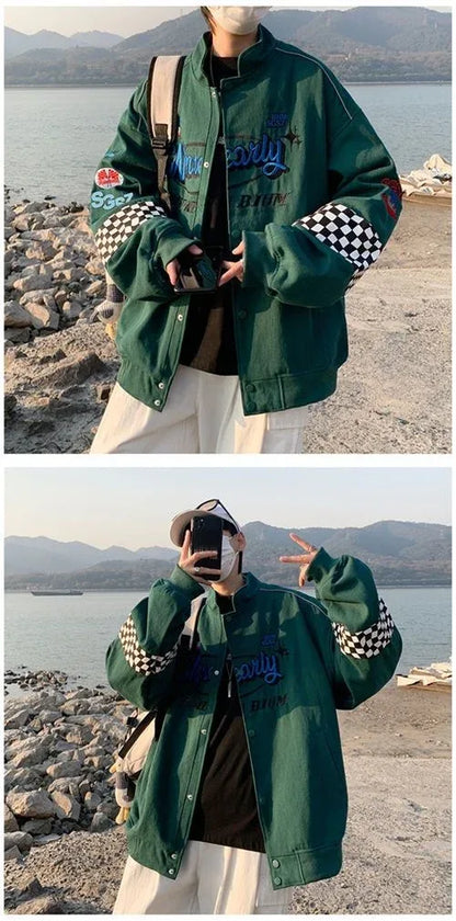 Embroidery Fashion Streetwear Racer Jackets Men Women Y2K HipHop Motorcycle Plaid Vintage Bomber Harajuku Autumn Jackets Coat