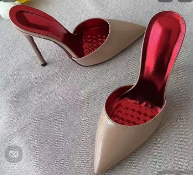 Summer black patent leather high heels with pointed toes shallow mouth thin heels slippers sexy versatile plus size lazy shoes