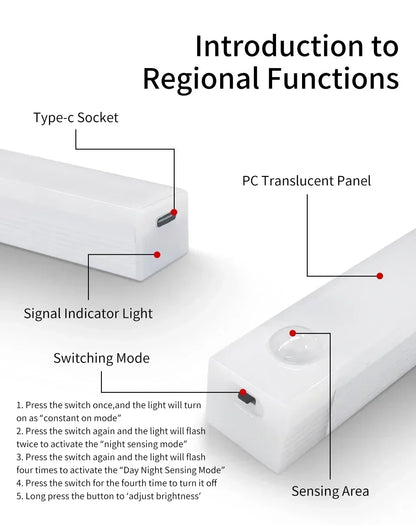 LED Long Strip Body Sensor Night Light Desk Reading Light Cabinet Bedside Bathroom Cool/Warm Light Rechargeable Magnetic Light