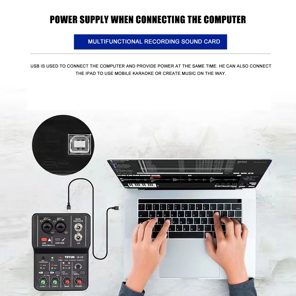 2 Channels Professional portable Audio Interface sound card console mini USB MIXER for Guitar Recording Studio Singing Q12