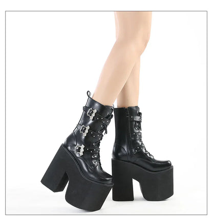 Gdgydh Lace up Chunky Heel Mid Calf Booties for Women Block High Heel Platform Combat Boots Gothic Metal Bat Gothic Shoes
