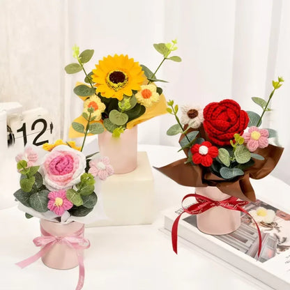 DTCTK Knitted Flower Bouquet Crochet Rose Flowers Hugging Bucket Christmas Gifts Living Room Desk Decoration Valentine's Day Gif