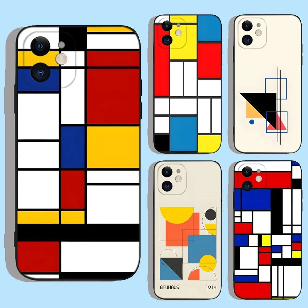 Pattern Abstract Piet Mondrian Phone Case For iPhone 16,15,14,13,12,11,XS,XR,X,8,7,Pro,Max,Plus,mini Silicone Black Cover