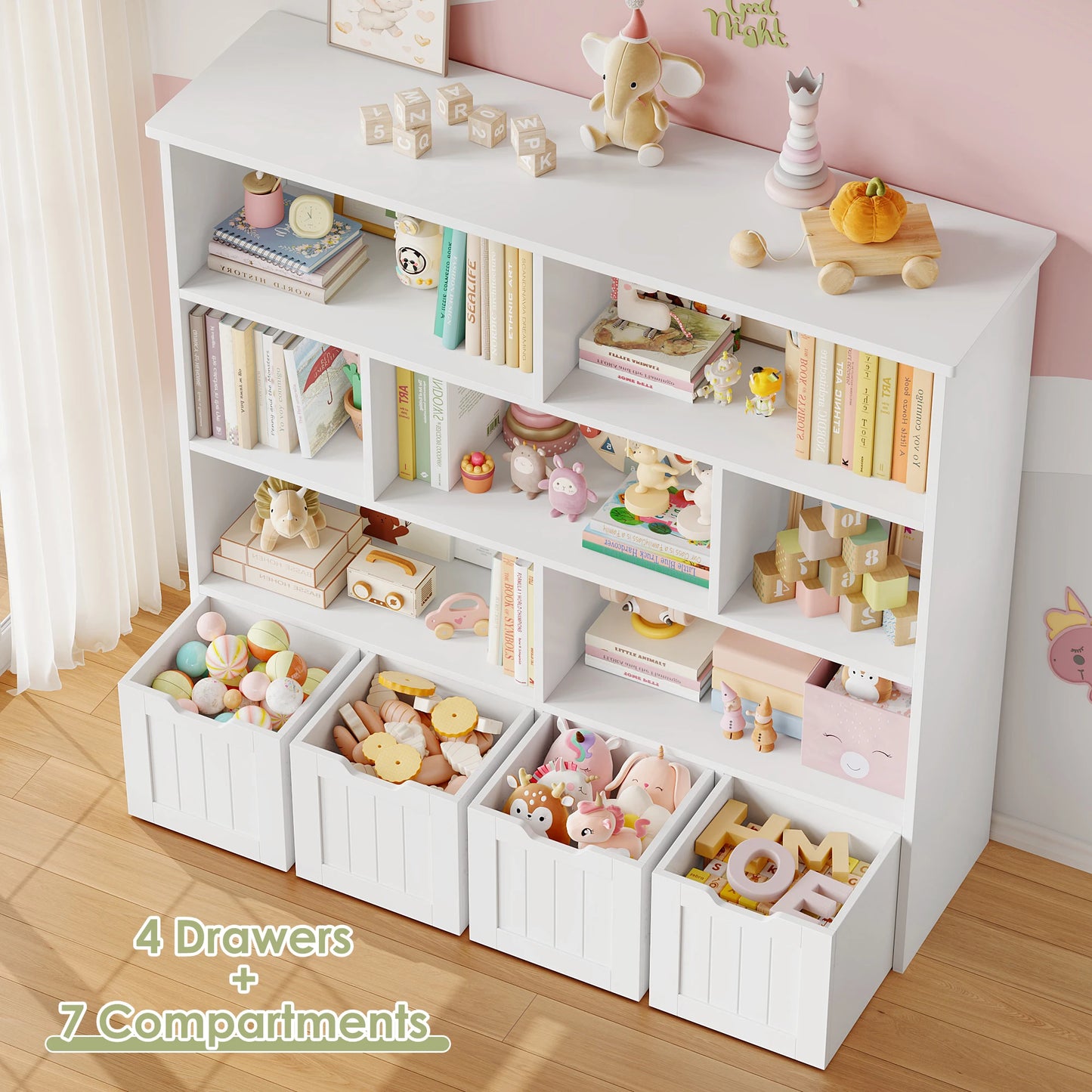 Getone Kids Toy Storage Unit Childrens Bookcase with 4 roller drawers 8 shelves Toy Organiser Kids Bookshelf for Nursery Playroom 125.5x33x118cm White/ Pink