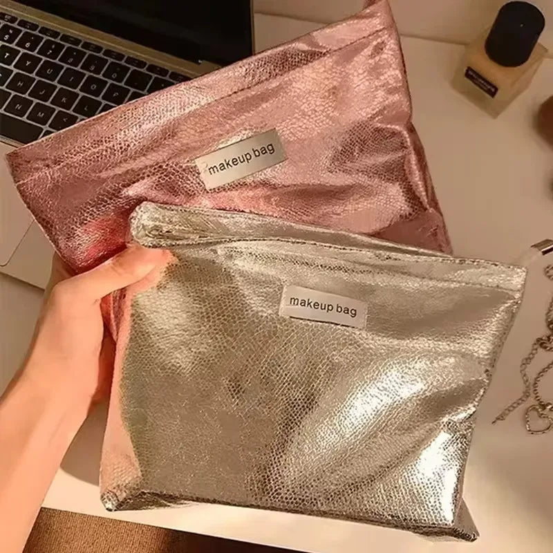 Portable Large Capacity Shiny Sequins Cosmetic Bags Silver Champagne for Women Toiletries Skincare Storage Bag Make Up Pouch