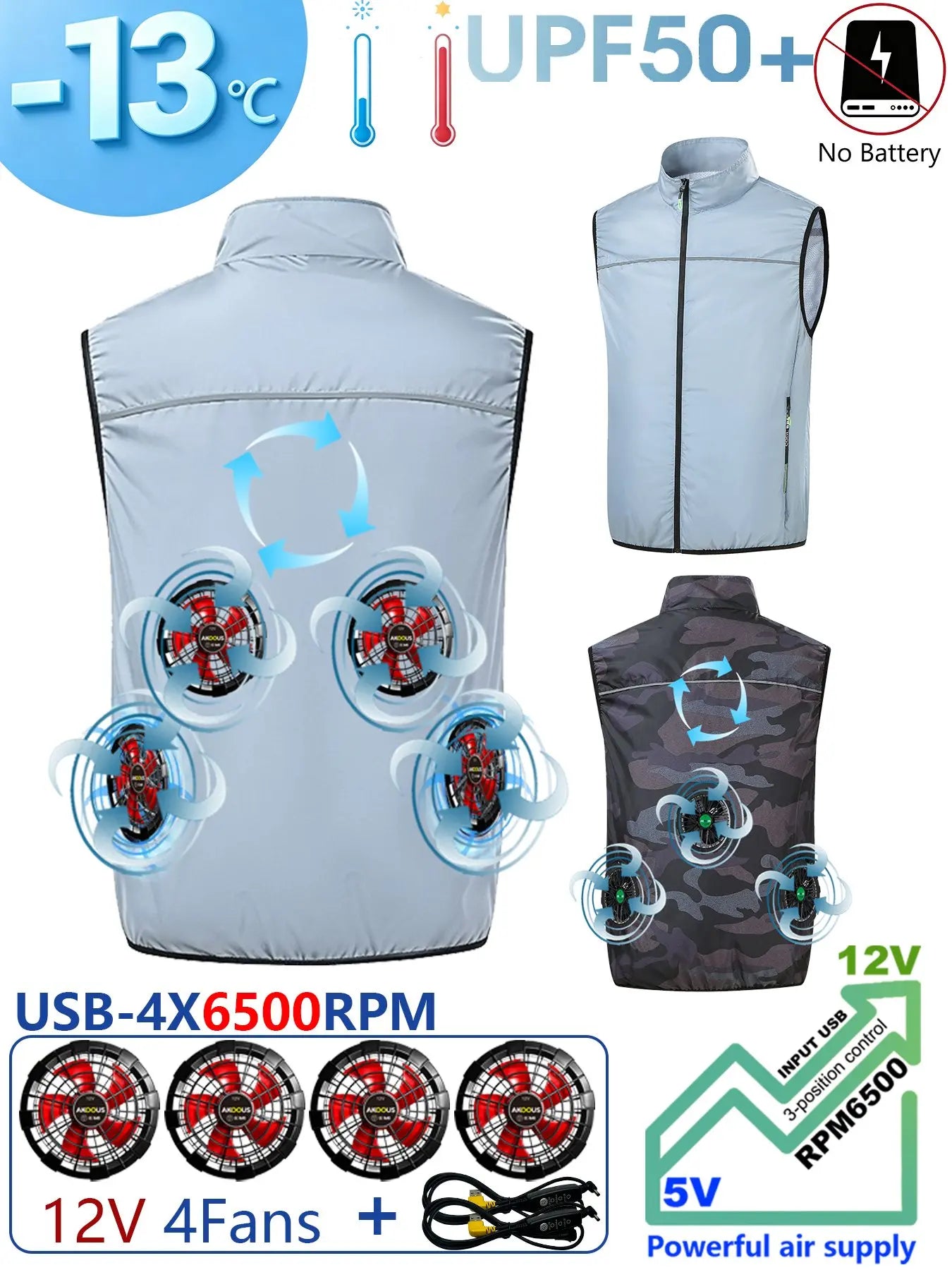 AKOOUS 12V/5V USB 4 Fans Cooling Vest Men Wearable Air Conditioned Clothes for Outdoor Work Fishing Hiking Loose Cool Vest