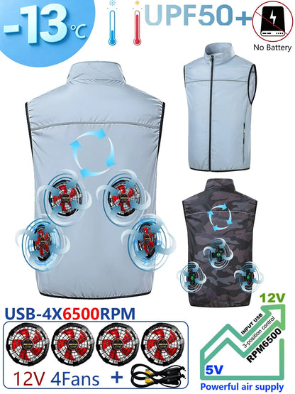 AKOOUS 12V/5V USB 4 Fans Cooling Vest Men Wearable Air Conditioned Clothes for Outdoor Work Fishing Hiking Loose Cool Vest