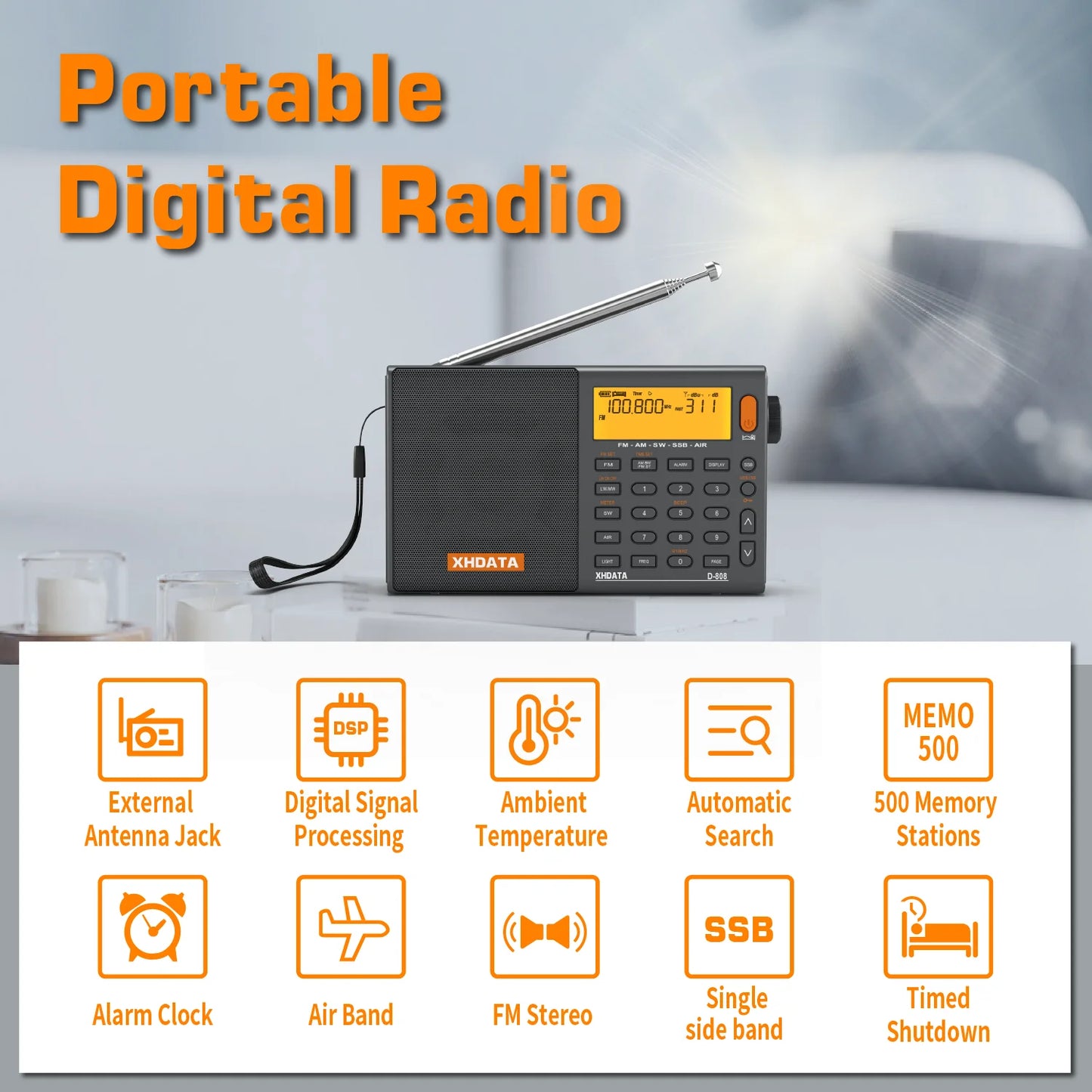 XHDATA D-808 Portable Radio AM/FM/SW/MW/LW SSB AIR RDS Radio Speaker with LCD Display Alarm Clock Stereo Radio D808