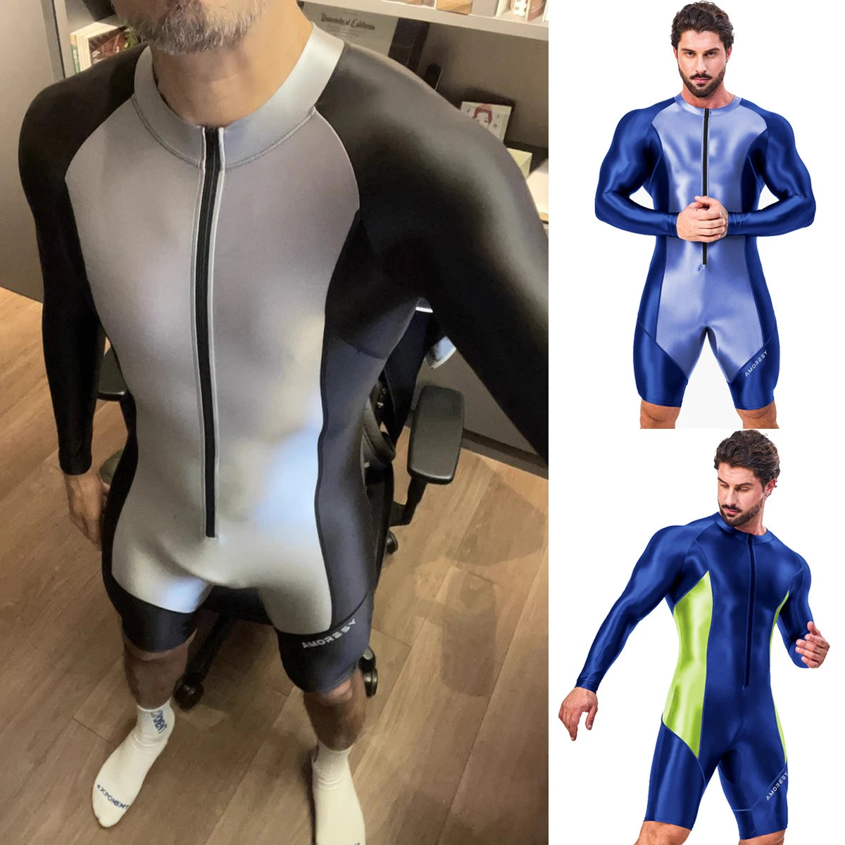 AMORESY Atticus Series Men Glossy Smooth Patchwork High Stretch Long Sleeve Knee Length Tracksuit Jumpsuit Bodysuit Fitness Gym