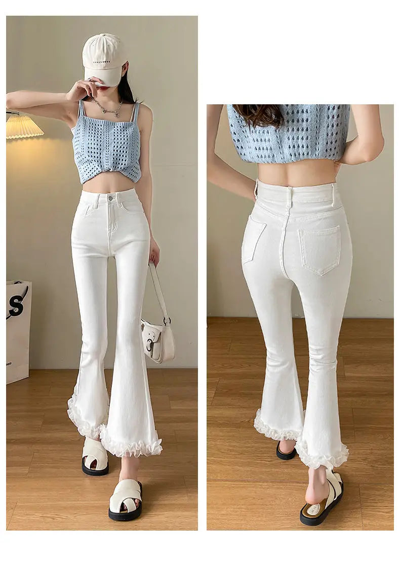White Lace Spliced Trousers with Slightly Flared Imitation Jeans Women Autumn American Retro Small 8/9-point Flared Trousers