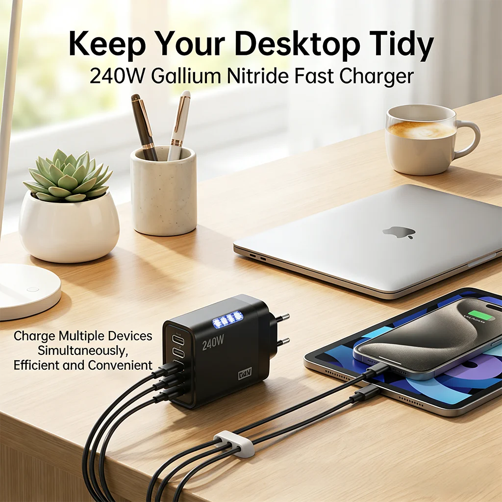 240W GaN Fast Charger 3 USB-C 2 USB-A Ports PD QC3.0 for iPhone 17 16 Galaxy S25 S24 Xiaomi 16 15 Huawei Mate 70 60 Oppo Vivo