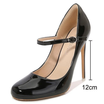 Women Patent Leather High Thin Heel Shoes Ankle Strap Women Pumps for Office Nightclub Party Wedding Cross Dressing Wide Shoes