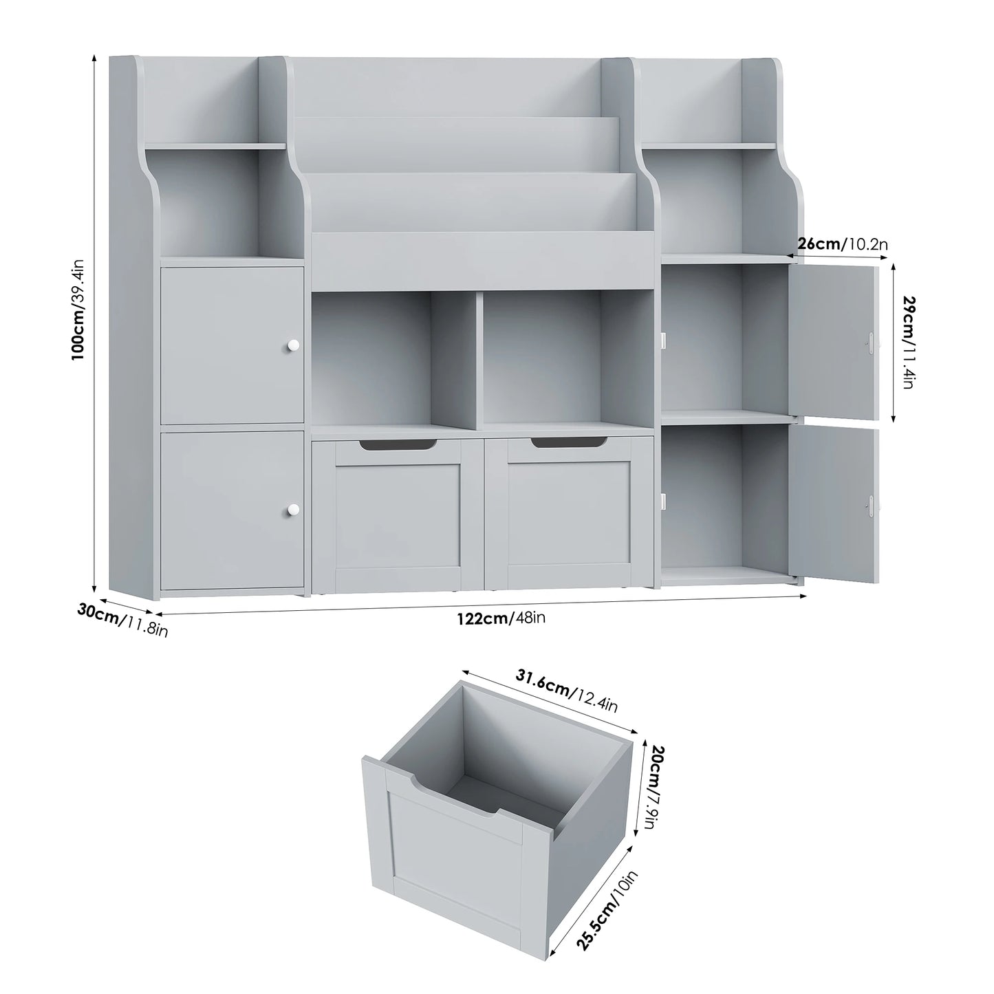 Getone Toy Storage , Childrens Bookcase,Unit 3-tier Kids Bookshelf, Kids Storage with 2 Drawers with Wheels, 4 Doors, 6 Open Shelves,multi-functional toy storage unit122x30x100cm