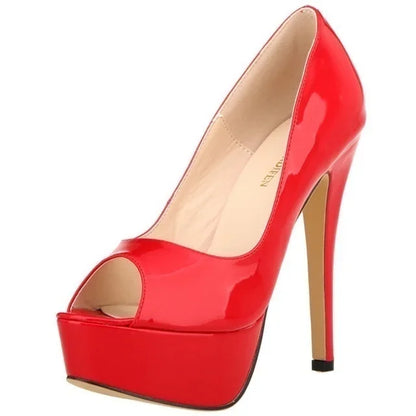 LOSLANDIFEN Sexy Peep Toe Platform Women Pumps 14cm Super High Patent Leather Heels Shoes Red Wedding Stilettos Large Size 43 44