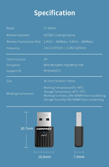 COMFAST WiFi 6 Wi-Fi Adapter Mini AX600 Network Card USB WIFI Dongle 2.4GHz Cle Wi-Fi Lan Adapter Driver Free 600M WIFI Receiver