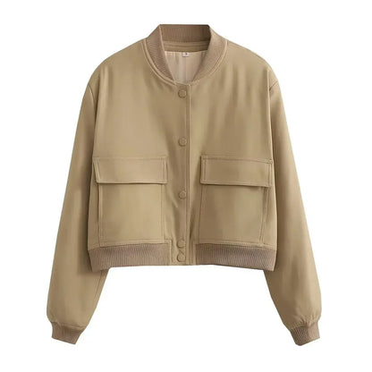 EDSA Woman Bomber Jacket White Autumn Winter Button Cropped Jackets for Women Fashion Long Sleeve Crop Outerwear