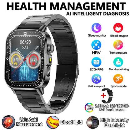 2026 New Model Uric Acid & Lipid Health Analysis Smart Watch Men ECG+PPG Bluetooth Call 2.01-inch Flashlight Smartwatch Women