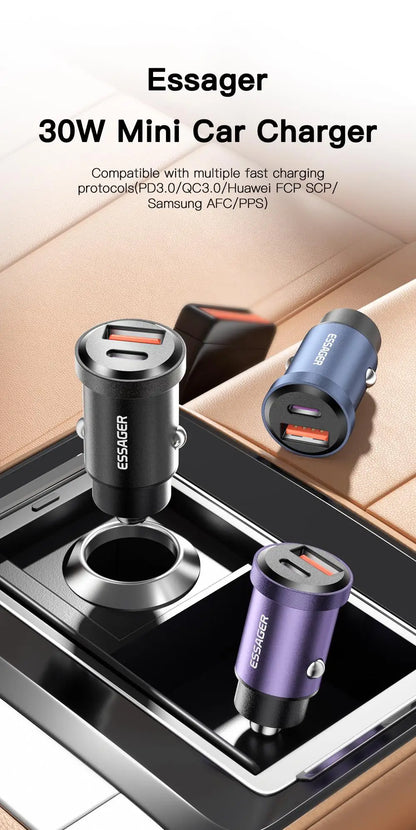 Essager USB Car Charger Quick Charge 4.0 QC4.0 PD3.0 SCP 5A Type C 30W Fast Car USB Charger For iPhone 13 12 Xiaomi Mobile Phone