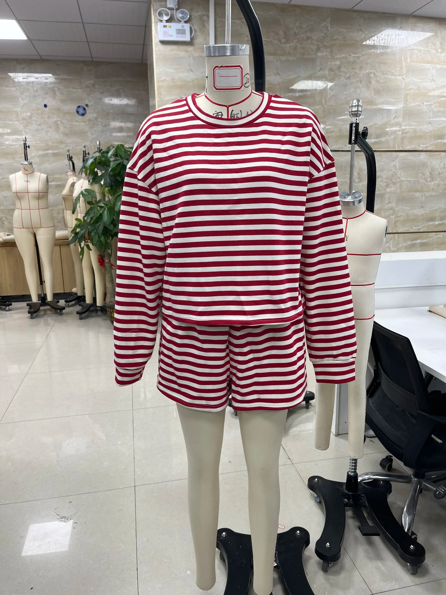 Combhasaki Women 2Piece Striped Y2k Outfits Set Casual Long Sleeve Crew Neck Shirt Tops+Elastic Waist Wide Leg Shorts Tracksuits