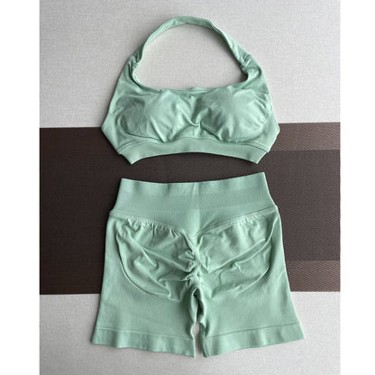 2 Pieces Yoga Gym Set Women Seamless Strappy Yoga Bra High Waist Workout Scrunch Shorts Sports Set Fitness Clothes Sportswear