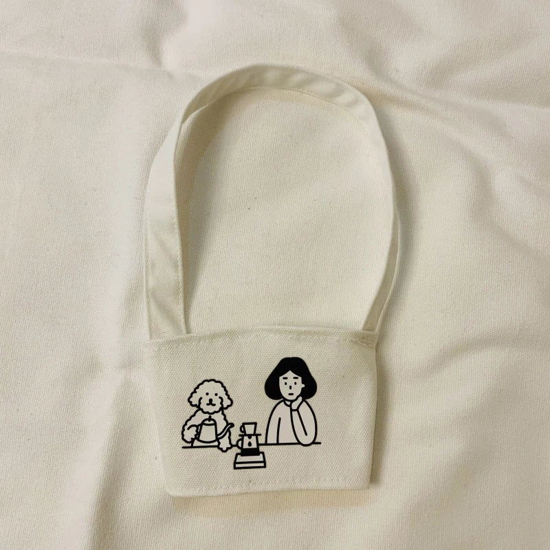 【Portable Water Bottle Holder Carry Bag Coffee Cup Storage Sleeve Cover Canvas Printing Milk Tea Set Drinking Bottle Strap】