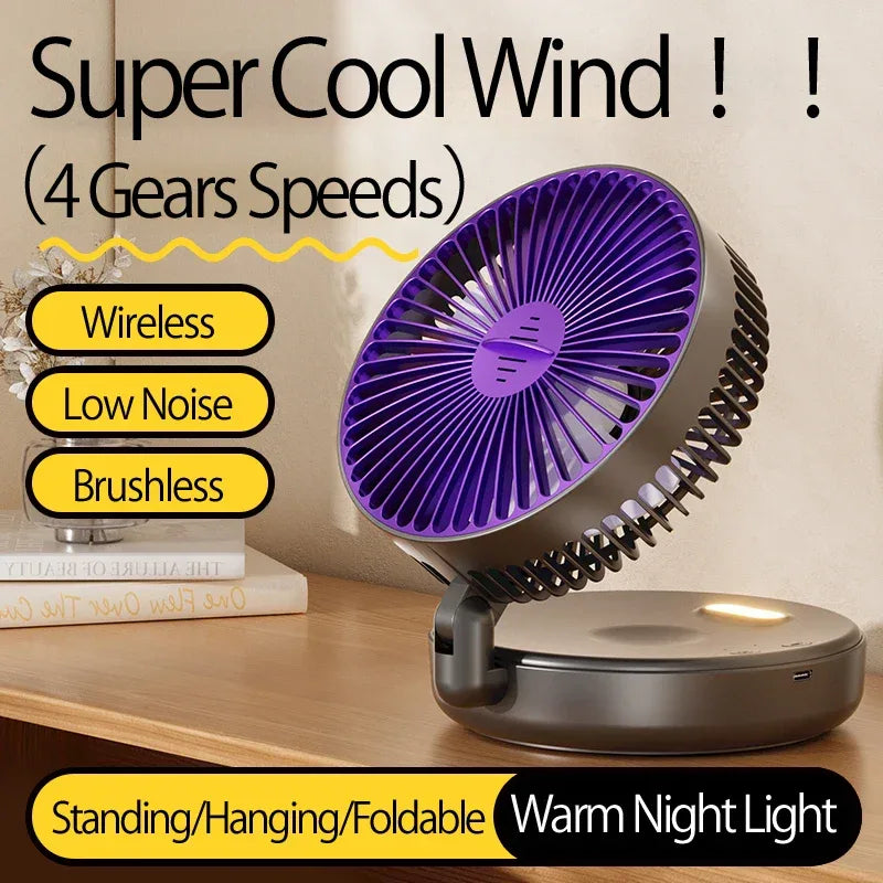 New 5000mAh Rechargeable 3IN1 Multifunctional Portable Fan Wall Mounted Fan 90° Folding Fan 4 Gears With Warm Night Light
