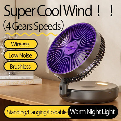 New 5000mAh Rechargeable 3IN1 Multifunctional Portable Fan Wall Mounted Fan 90° Folding Fan 4 Gears With Warm Night Light