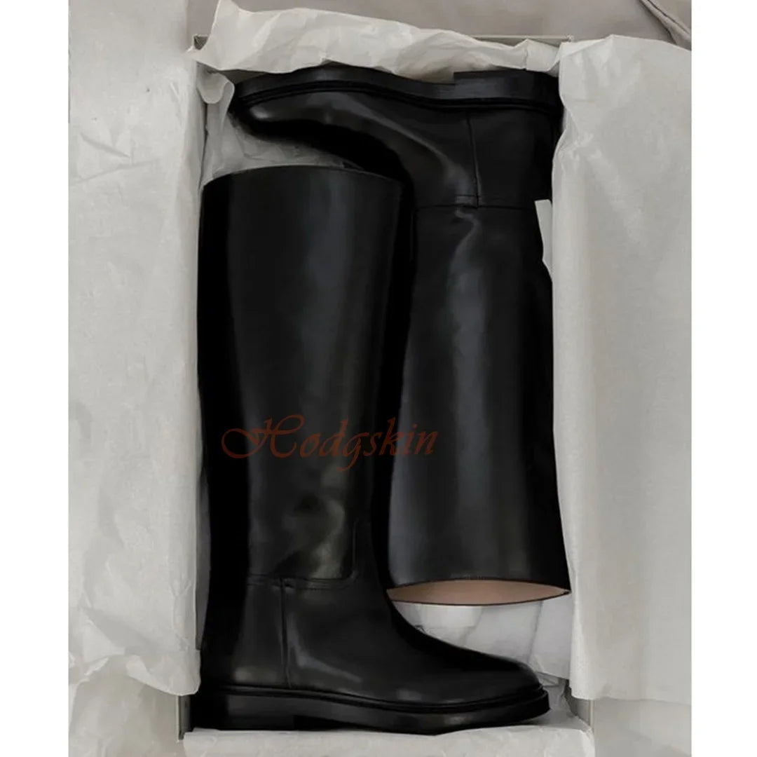 Genuine Leather Casual Boots Round Toe Chunky Med Heels Solid Slip On Trouser Boots Knee High Autumn Women Sexy Luxury Shoes
